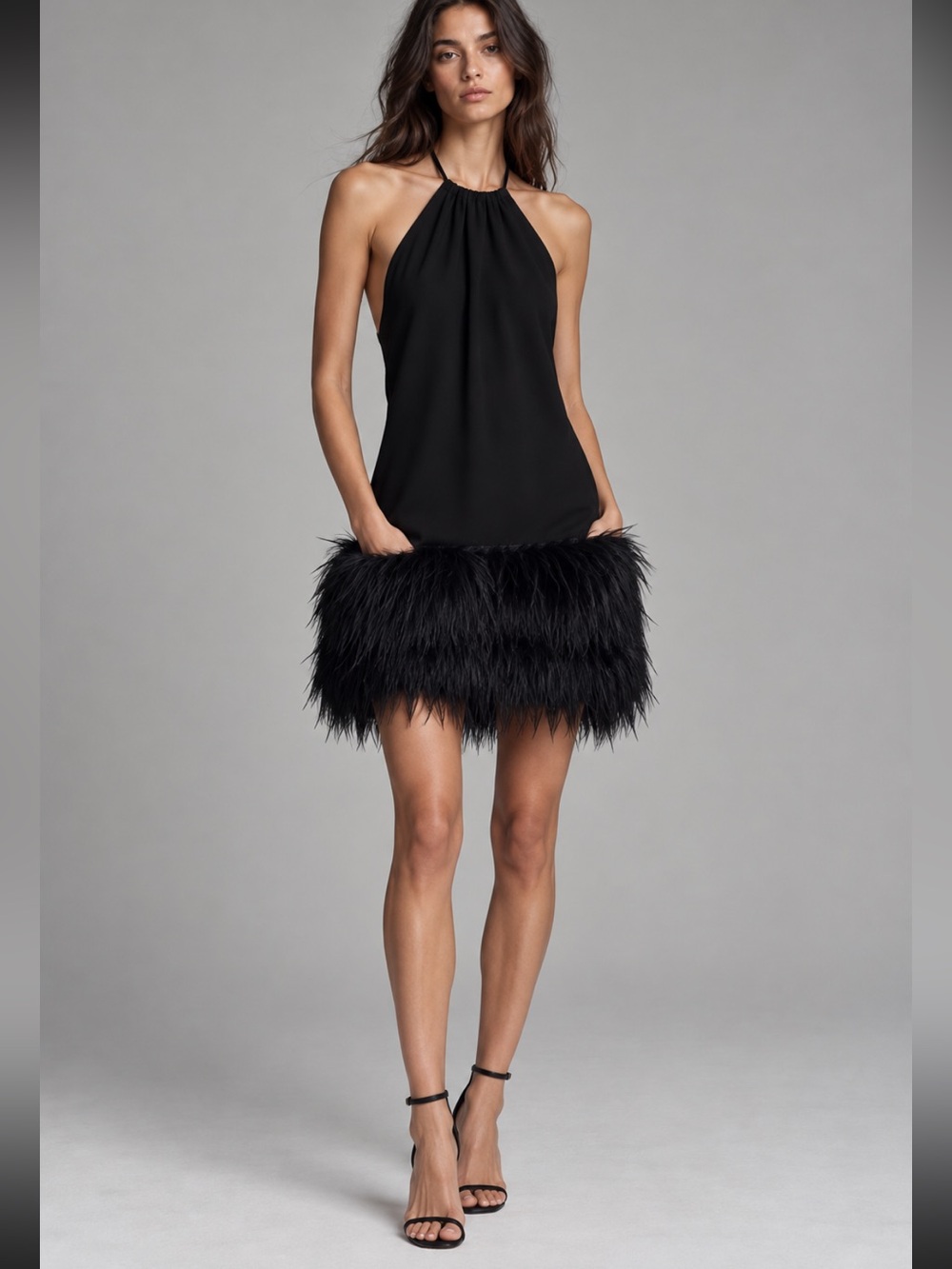 Zara NWT Black Faux Fur Feather Hem Halter Mini Dress Size XS